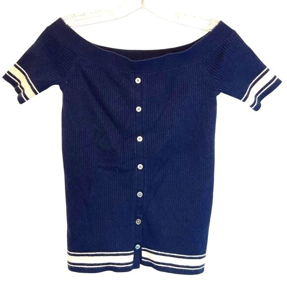 Frame Sweater Womens Small Navy Blue Off Shoulder cardigan Striped academia - Picture 1 of 9
